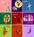 Various style dancing. Set with dancers: waltz, cancan, samba, aerial dance, ballet, flamenco, indian dance, tango, contemporary Royalty Free Stock Photo
